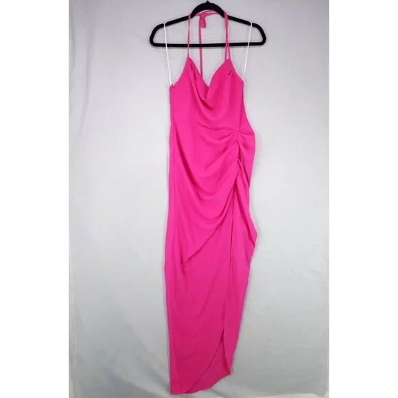 knee length dresses for ladies Amanda Uprichard Hot Pink Silk Maxi Dress with Ruffled Neckline – SilkRoll main image 1